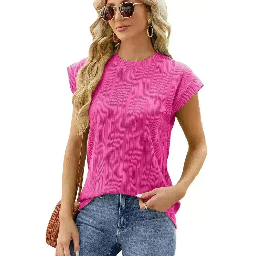 Solid Color Wave Pattern Bat Short sleeve T-shirt Top Summer Loose Vest Casual Cotton Tank Women - EX-STOCK CANADA