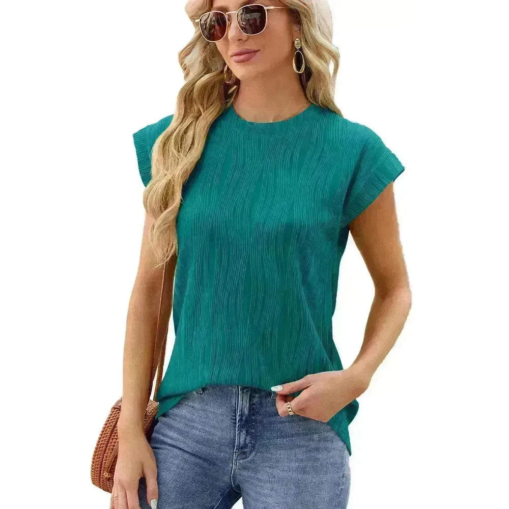 Solid Color Wave Pattern Bat Short sleeve T-shirt Top Summer Loose Vest Casual Cotton Tank Women - EX-STOCK CANADA