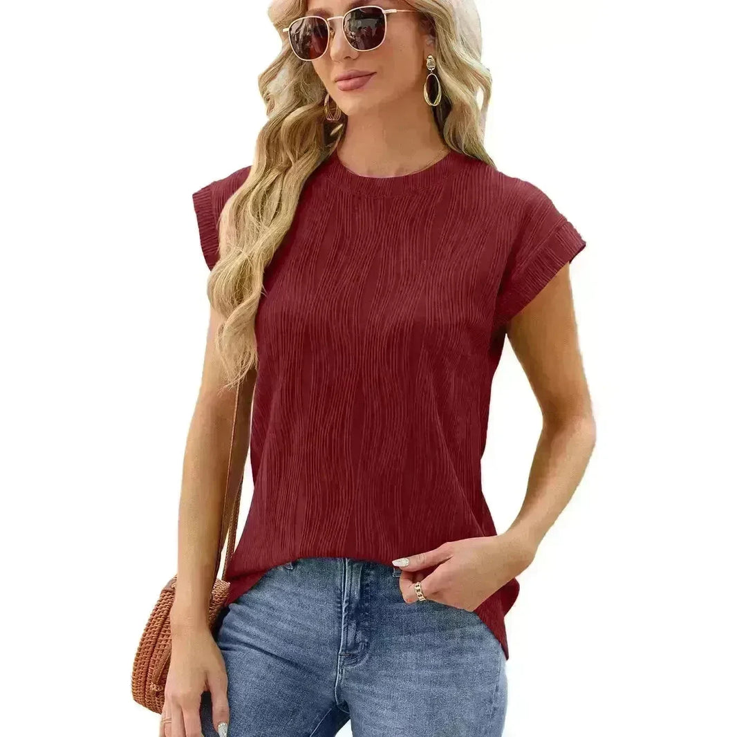 Solid Color Wave Pattern Bat Short sleeve T-shirt Top Summer Loose Vest Casual Cotton Tank Women - EX-STOCK CANADA
