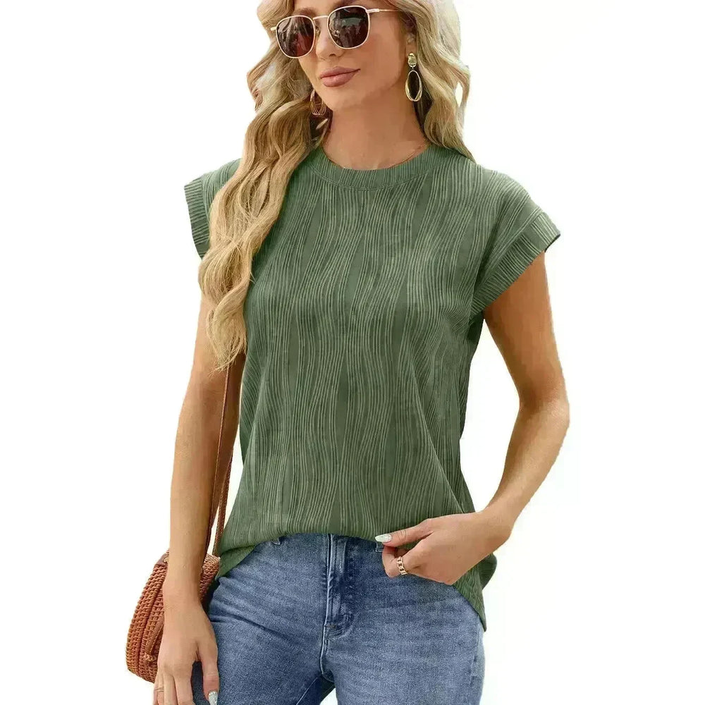 Solid Color Wave Pattern Bat Short sleeve T-shirt Top Summer Loose Vest Casual Cotton Tank Women - EX-STOCK CANADA