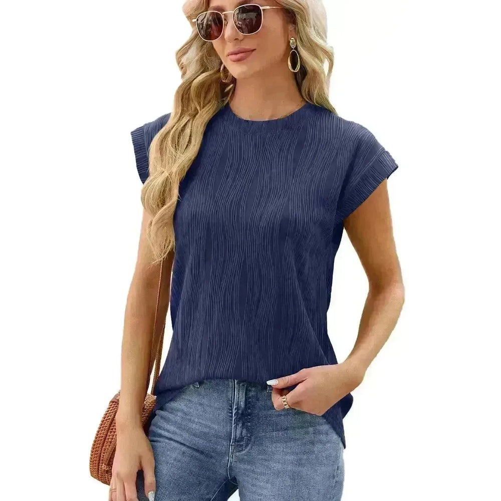 Solid Color Wave Pattern Bat Short sleeve T-shirt Top Summer Loose Vest Casual Cotton Tank Women - EX-STOCK CANADA