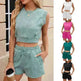 Solid Color Wave Pattern Design Suit For Women Casual Round Neck Sleeveless Top And Drawstring Design Shorts Fashion 2-piece Set Summer Clothing - EX-STOCK CANADA