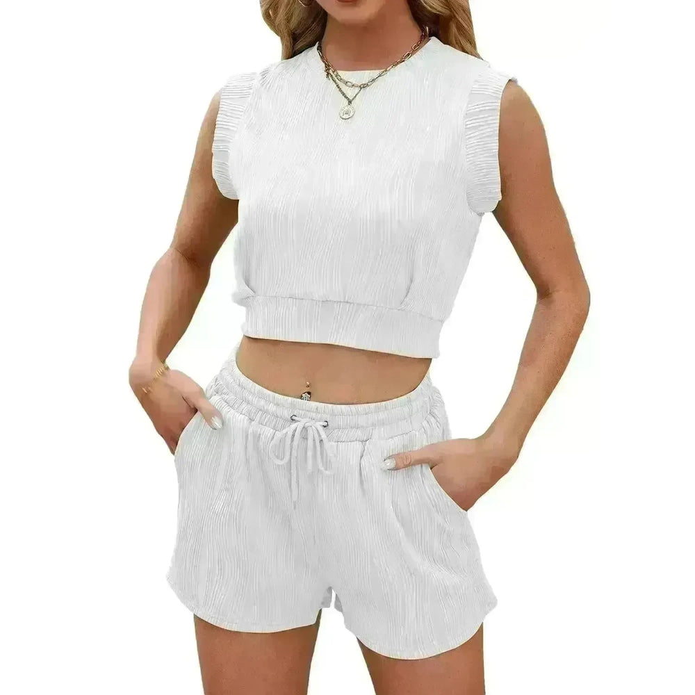 Solid Color Wave Pattern Design Suit For Women Casual Round Neck Sleeveless Top And Drawstring Design Shorts Fashion 2-piece Set Summer Clothing - EX-STOCK CANADA