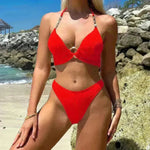 Solid Striped Bikini With Buckle Straps Fashion Summer Beach Swimsuit Womens Clothing - EX-STOCK CANADA