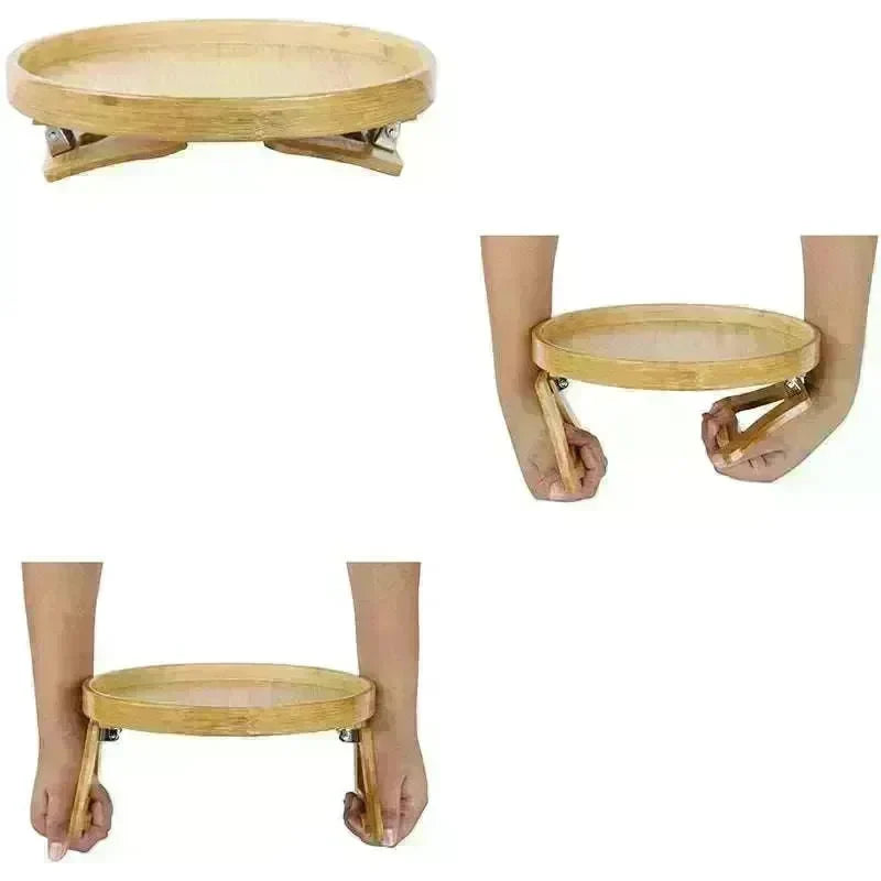 Solid Wood Round Storage Bamboo With Legs Sofa Arm Foldable Tray Table - EX-STOCK CANADA