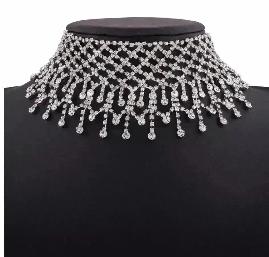 Sparling Rhinestone Diamond Fringed Tassel Choker Necklace for Women Bridal Wedding Luxury Necklace - EX-STOCK CANADA