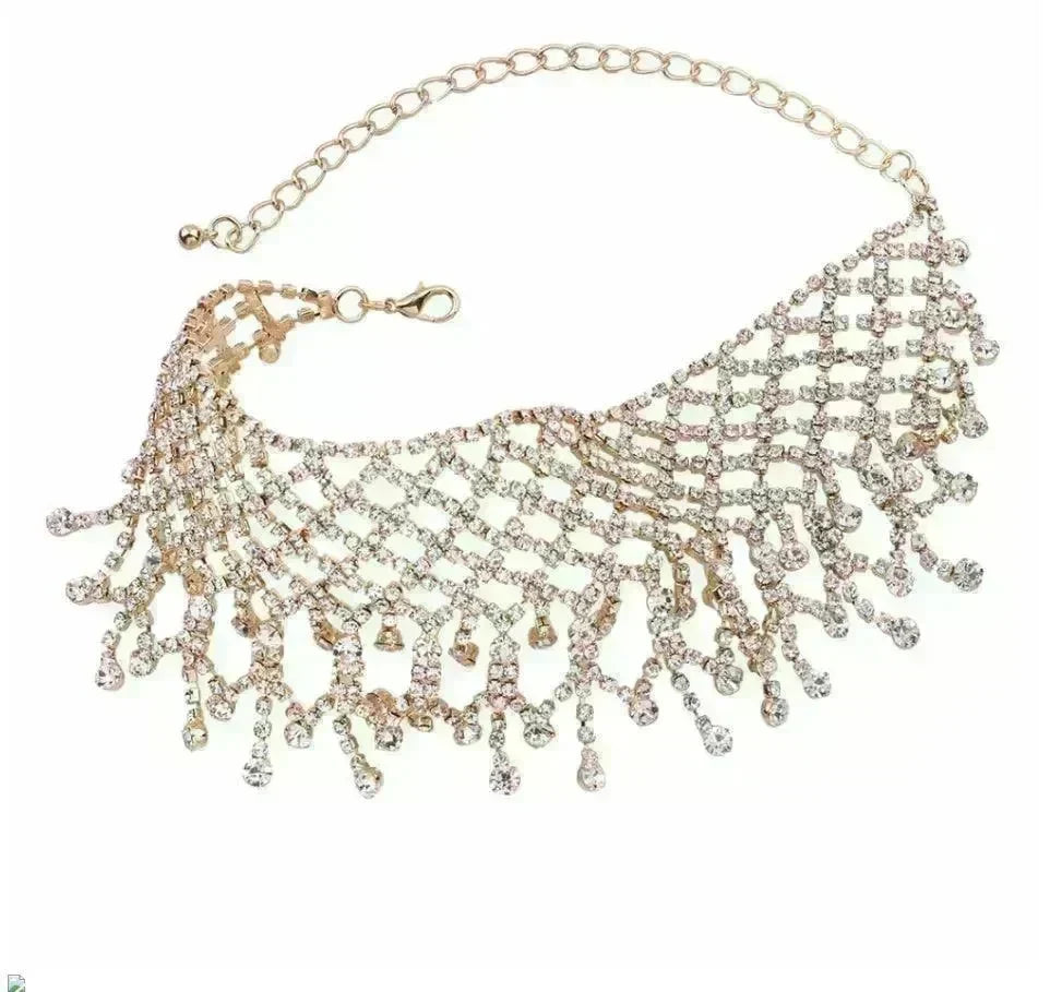 Sparling Rhinestone Diamond Fringed Tassel Choker Necklace for Women Bridal Wedding Luxury Necklace - EX-STOCK CANADA