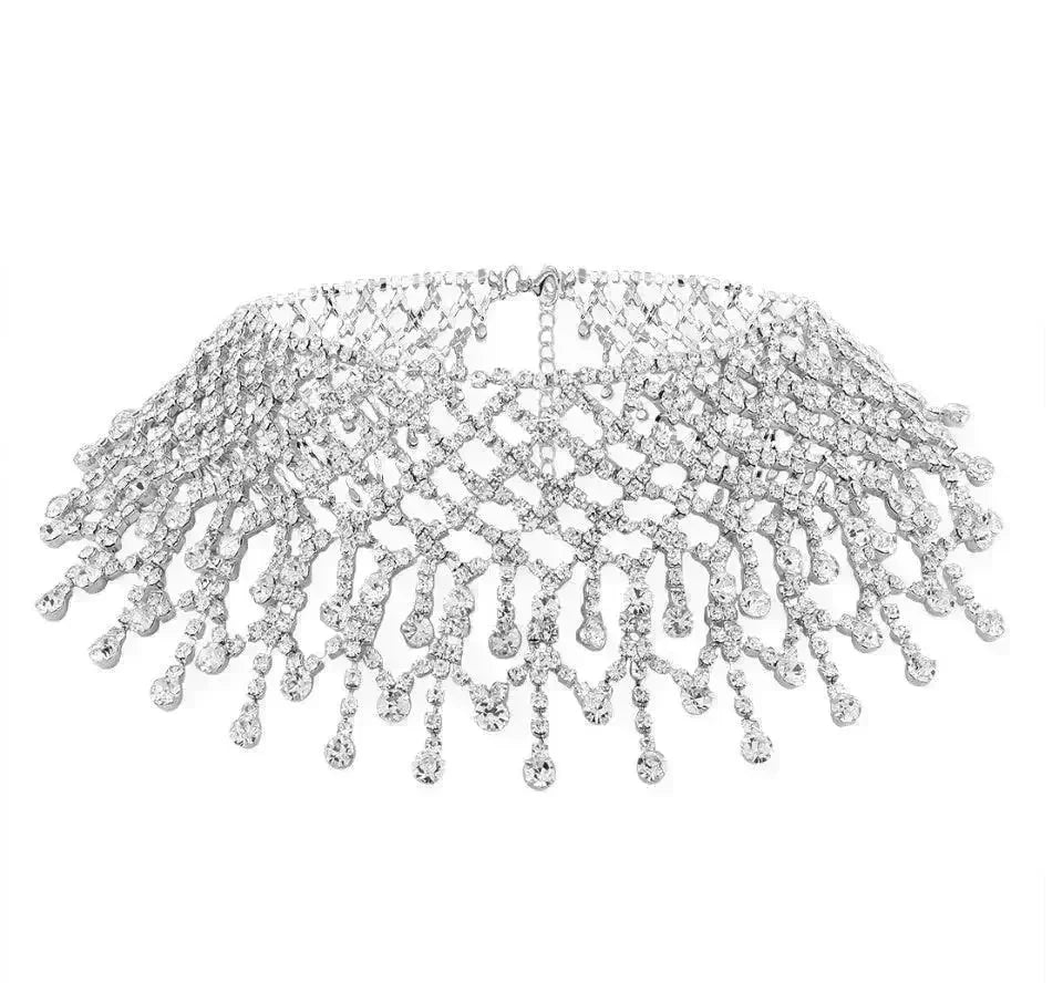 Sparling Rhinestone Diamond Fringed Tassel Choker Necklace for Women Bridal Wedding Luxury Necklace - EX-STOCK CANADA