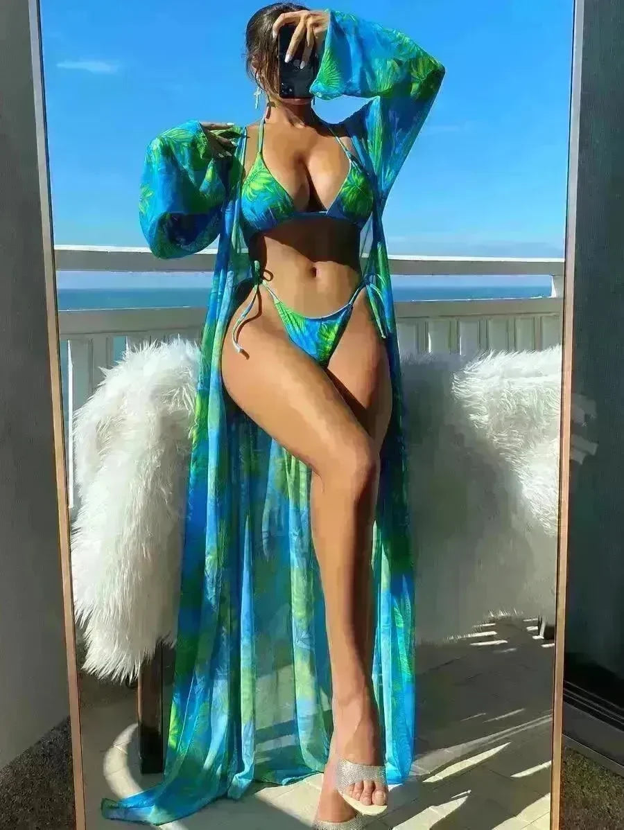 Split Long Sleeve Ins Blouse Banded Bikini - EX-STOCK CANADA