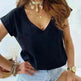 Spring And Summer Solid Color Short-sleeved V-neck Simplicity T-shirt Top For Women - EX-STOCK CANADA