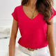 Spring And Summer Solid Color Short-sleeved V-neck Simplicity T-shirt Top For Women - EX-STOCK CANADA