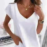 Spring And Summer Solid Color Short-sleeved V-neck Simplicity T-shirt Top For Women - EX-STOCK CANADA