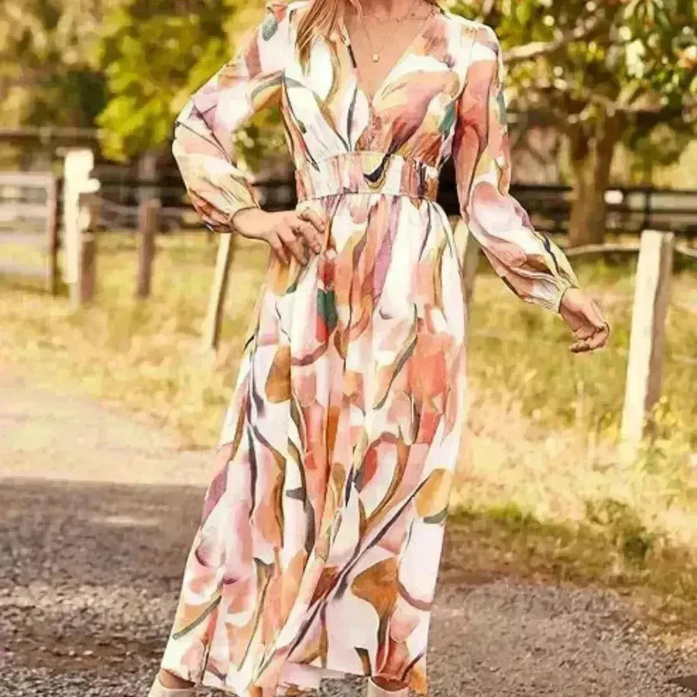 Spring NEW Long Casual Long Sleeve V-neck Printed Beach Long Flowy Dress - EX-STOCK CANADA