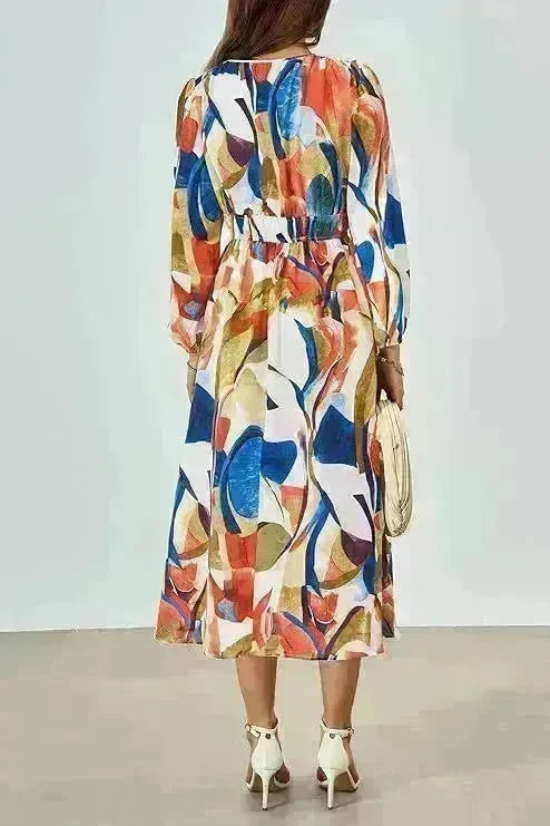 Spring NEW Long Casual Long Sleeve V-neck Printed Beach Long Flowy Dress - EX-STOCK CANADA