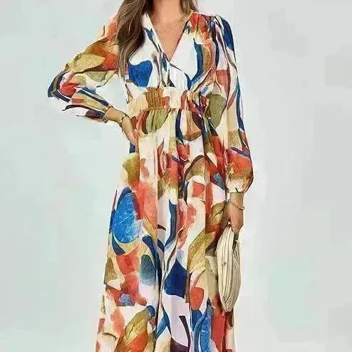 Spring NEW Long Casual Long Sleeve V-neck Printed Beach Long Flowy Dress - EX-STOCK CANADA
