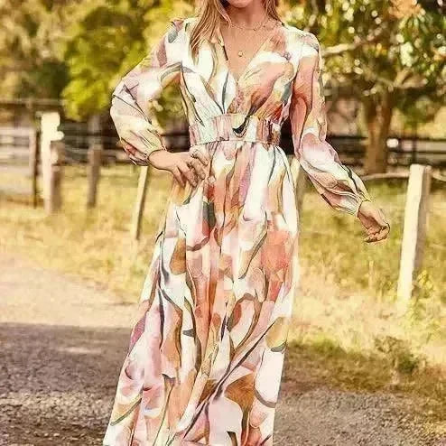Spring NEW Long Casual Long Sleeve V-neck Printed Beach Long Flowy Dress - EX-STOCK CANADA