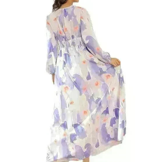 Spring NEW Long Casual Long Sleeve V-neck Printed Beach Long Flowy Dress - EX-STOCK CANADA
