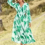 Spring NEW Long Casual Long Sleeve V-neck Printed Beach Long Flowy Dress - EX-STOCK CANADA