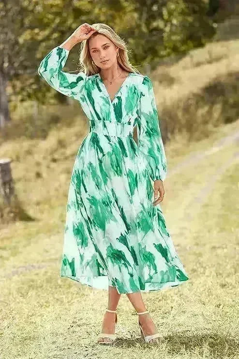 Spring NEW Long Casual Long Sleeve V-neck Printed Beach Long Flowy Dress - EX-STOCK CANADA