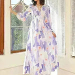 Spring NEW Long Casual Long Sleeve V-neck Printed Beach Long Flowy Dress - EX-STOCK CANADA