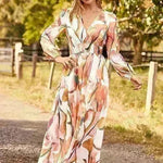 Spring NEW Long Casual Long Sleeve V-neck Printed Beach Long Flowy Dress - EX-STOCK CANADA