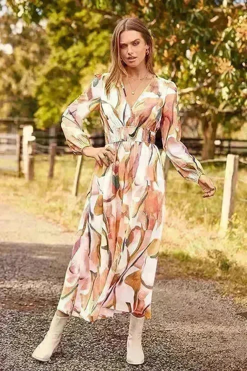 Spring NEW Long Casual Long Sleeve V-neck Printed Beach Long Flowy Dress - EX-STOCK CANADA
