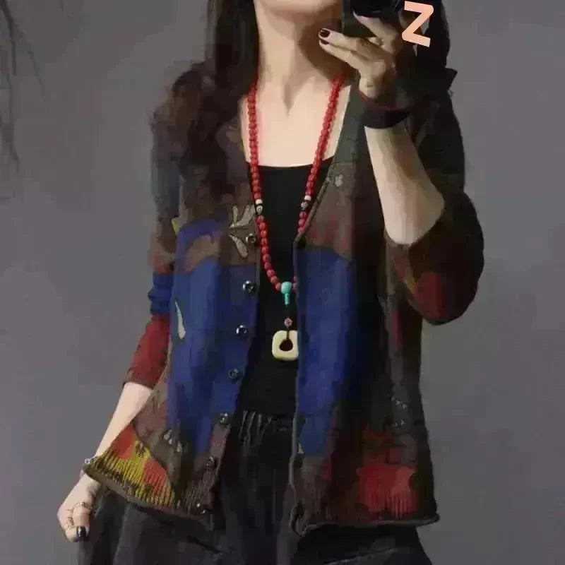 Spring Printed Knitted Cardigan Women Retro National Style Top - EX-STOCK CANADA