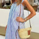 Square Collar Striped Lace-up Dress Mid-length Women - EX-STOCK CANADA