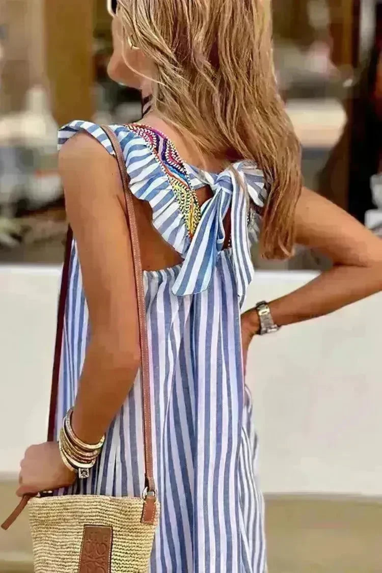 Square Collar Striped Lace-up Dress Mid-length Women - EX-STOCK CANADA
