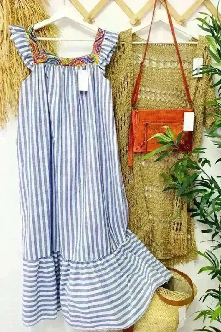 Square Collar Striped Lace-up Dress Mid-length Women - EX-STOCK CANADA