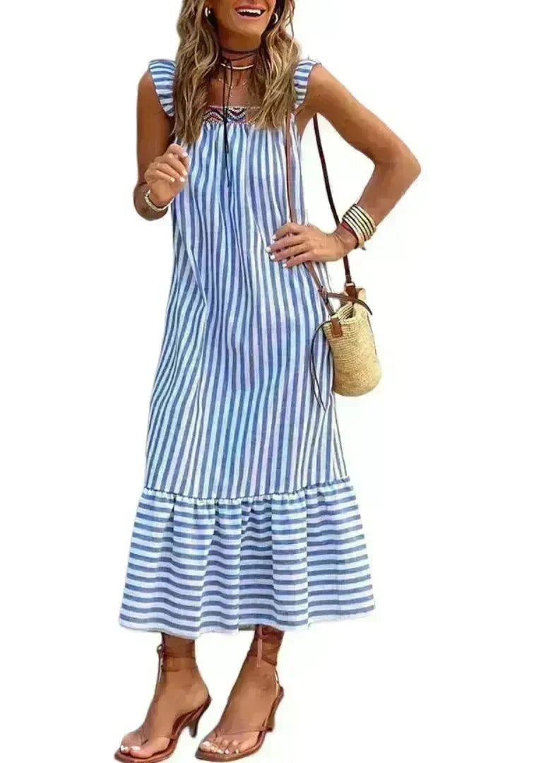 Square Collar Striped Lace-up Dress Mid-length Women - EX-STOCK CANADA