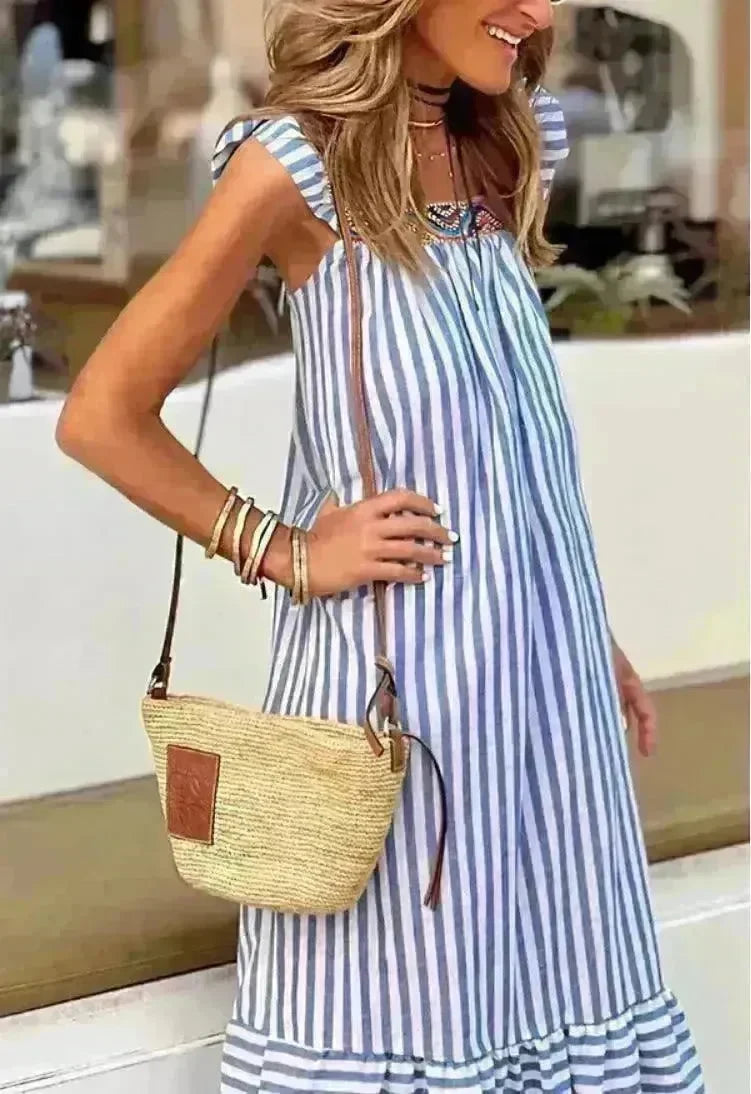 Square Collar Striped Lace-up Dress Mid-length Women - EX-STOCK CANADA