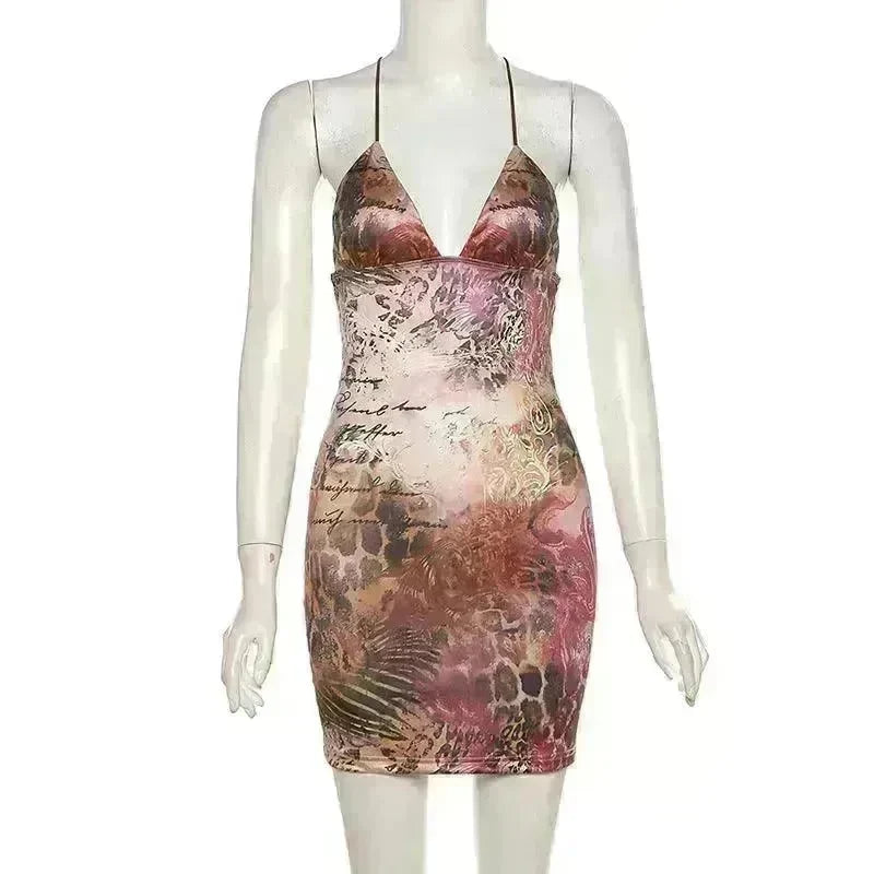 Strappy Bow Backless Slim Fit Printed Sheath Dress - EX-STOCK CANADA
