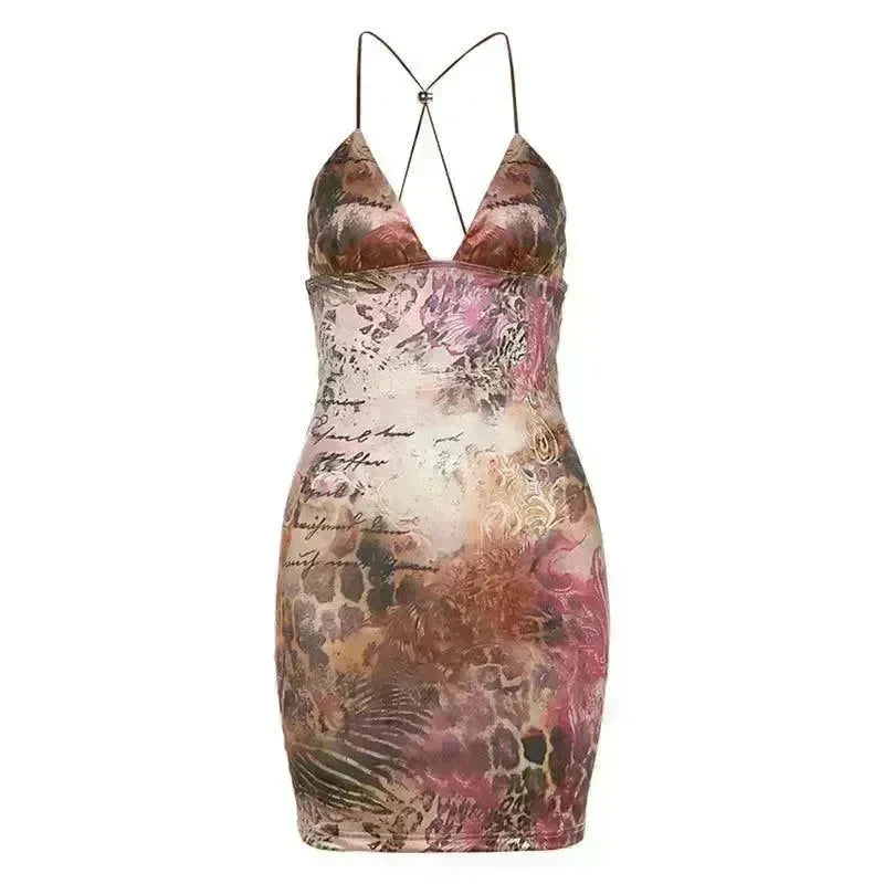 Strappy Bow Backless Slim Fit Printed Sheath Dress - EX-STOCK CANADA