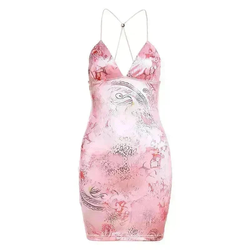 Strappy Bow Backless Slim Fit Printed Sheath Dress - EX-STOCK CANADA