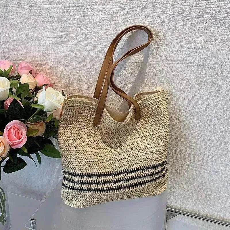 Striped Large Capacity Casual Summer Woven Straw Beach Tote Bag - EX-STOCK Canada