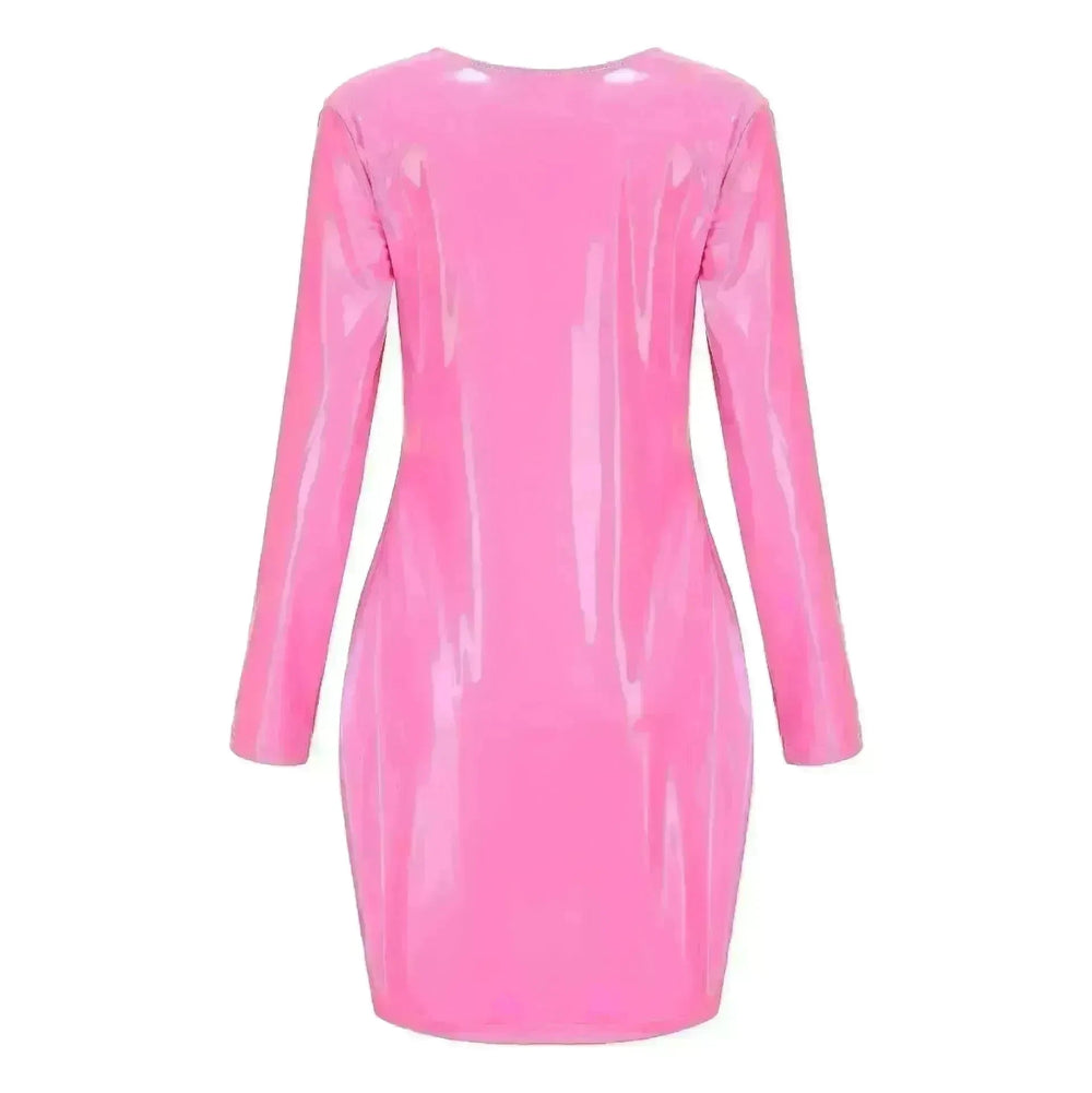 Stylish Bodycon Leather Mini Dress for Women V-neck Zipper Short Dress Long Sleeve Dress Party Dress - EX-STOCK CANADA