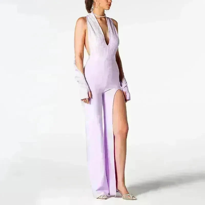 Summer Backless Halter V-neck Slimming Backless Slit Jumpsuit - EX-STOCK CANADA