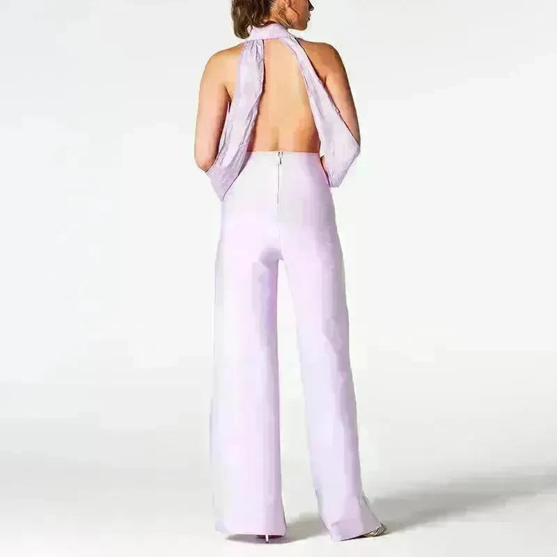Summer Backless Halter V-neck Slimming Backless Slit Jumpsuit - EX-STOCK CANADA
