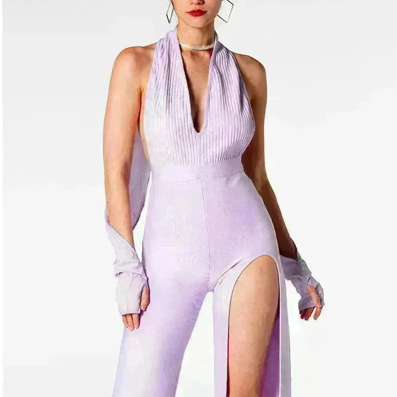 Summer Backless Halter V-neck Slimming Backless Slit Jumpsuit - EX-STOCK CANADA