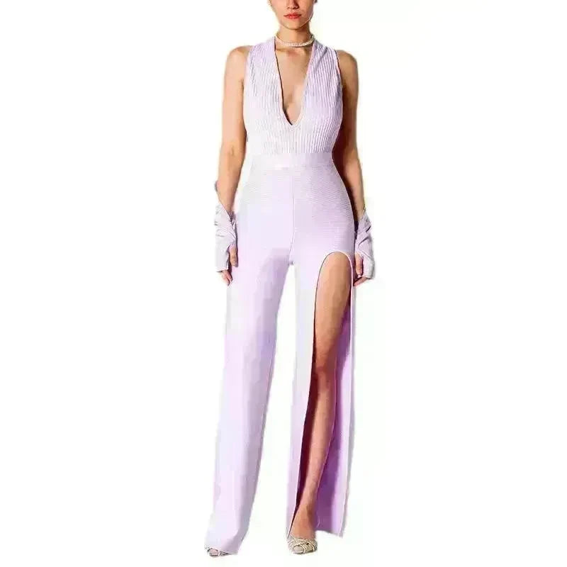Summer Backless Halter V-neck Slimming Backless Slit Jumpsuit - EX-STOCK CANADA