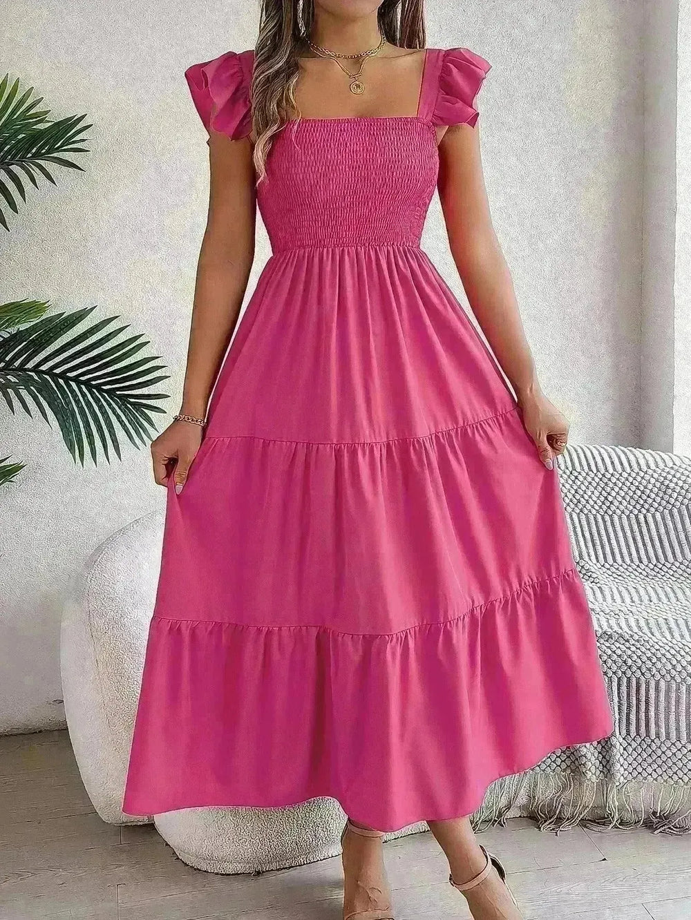 Summer Dress Casual Women's Sleeveless Midi Dress Pleated Long Layered Dress - EX-STOCK CANADA