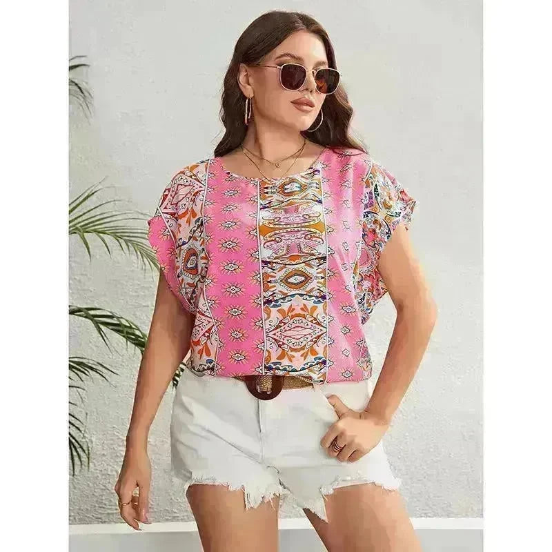 Summer Ethnic Style Round Neck Loose Top Women - EX-STOCK CANADA