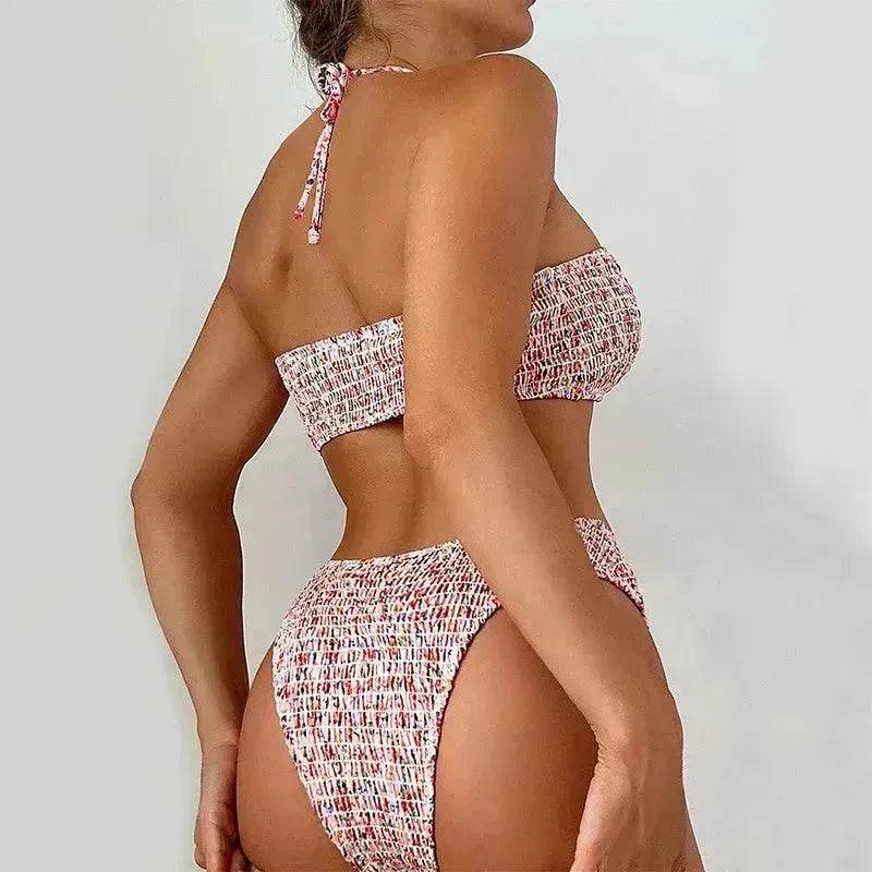 Summer Flowers Print Pleated Design Bikini Set Beach Fashion Halter Neck Swimsuit Womens Clothing - EX-STOCK Canada