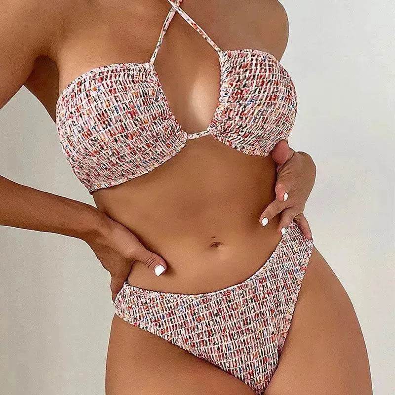 Summer Flowers Print Pleated Design Bikini Set Beach Fashion Halter Neck Swimsuit Womens Clothing - EX-STOCK Canada