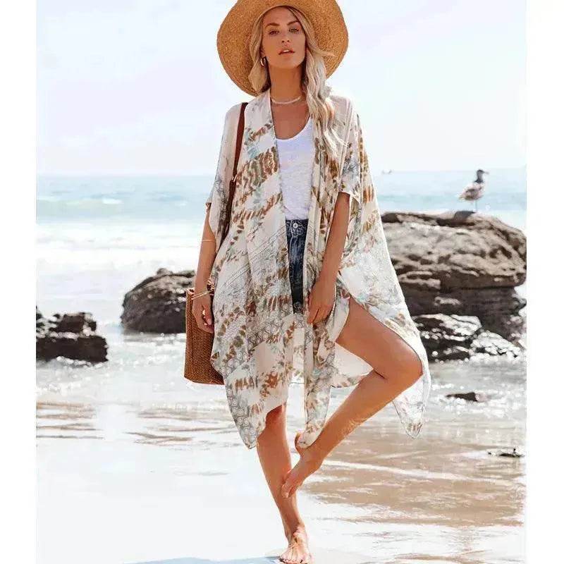 Summer Mid-length Slit Print Loose Beach Cover Sun Protection Shirt - EX-STOCK Canada