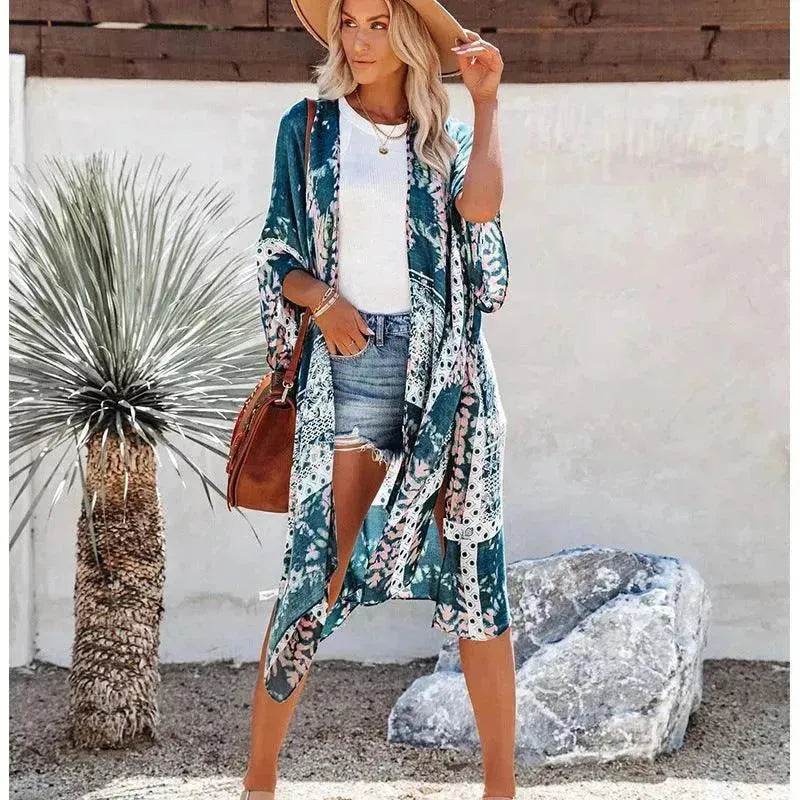 Summer Mid-length Slit Print Loose Beach Cover Sun Protection Shirt - EX-STOCK Canada