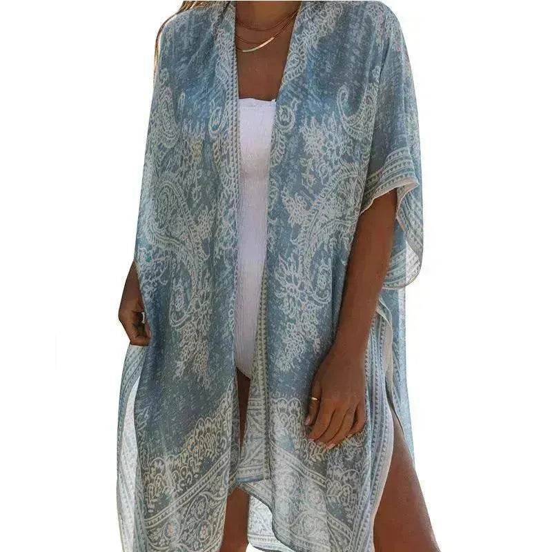 Summer Mid-length Slit Print Loose Beach Cover Sun Protection Shirt - EX-STOCK Canada