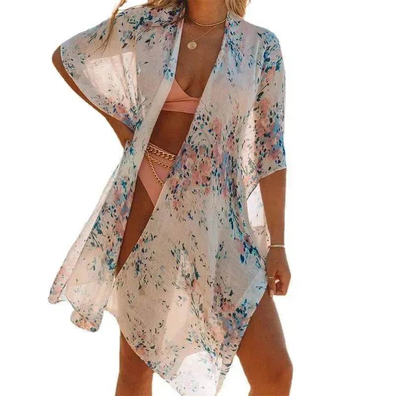 Summer Mid-length Slit Print Loose Beach Cover Sun Protection Shirt - EX-STOCK Canada