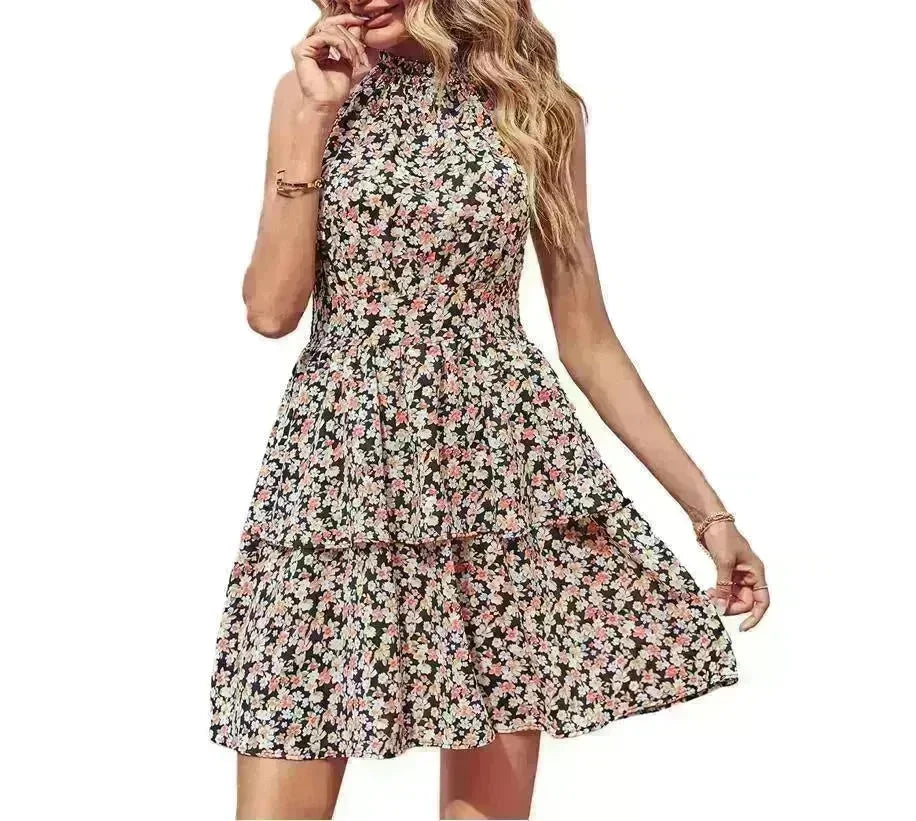 Summer Printed Halter Dress Fashion Boho Backless Ruffled A-Line Beach Dresses For Womens Clothing - EX-STOCK CANADA